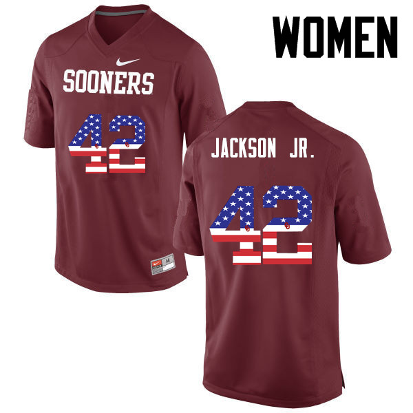 Women Oklahoma Sooners #42 Mark Jackson Jr. College Football USA Flag Fashion Jerseys-Crimson - Click Image to Close